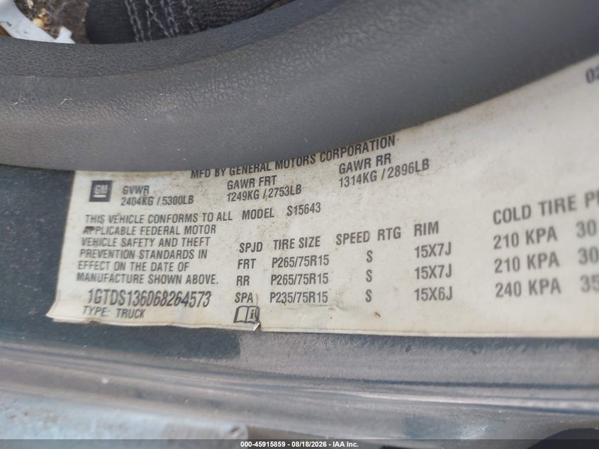 GMC CANYON 2006 VIN 1GTDS136068264573