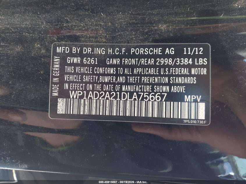 PORSCHE CAYENNE 2013 VIN WP1AD2A21DLA75667
