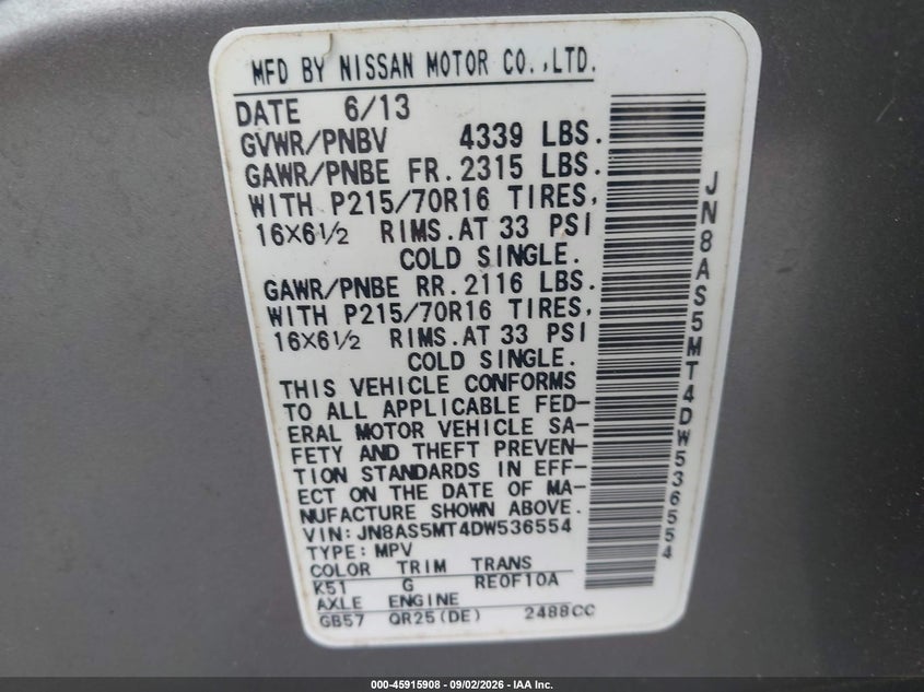 NISSAN ROGUE 2013 VIN JN8AS5MT4DW536554