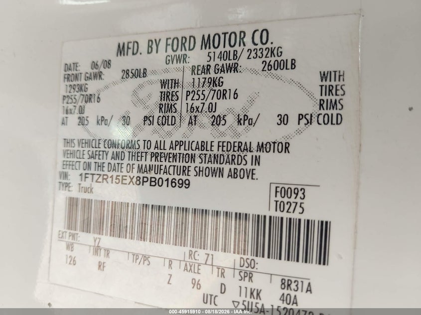 FORD RANGER 2008 VIN 1FTZR15EX8PB01699