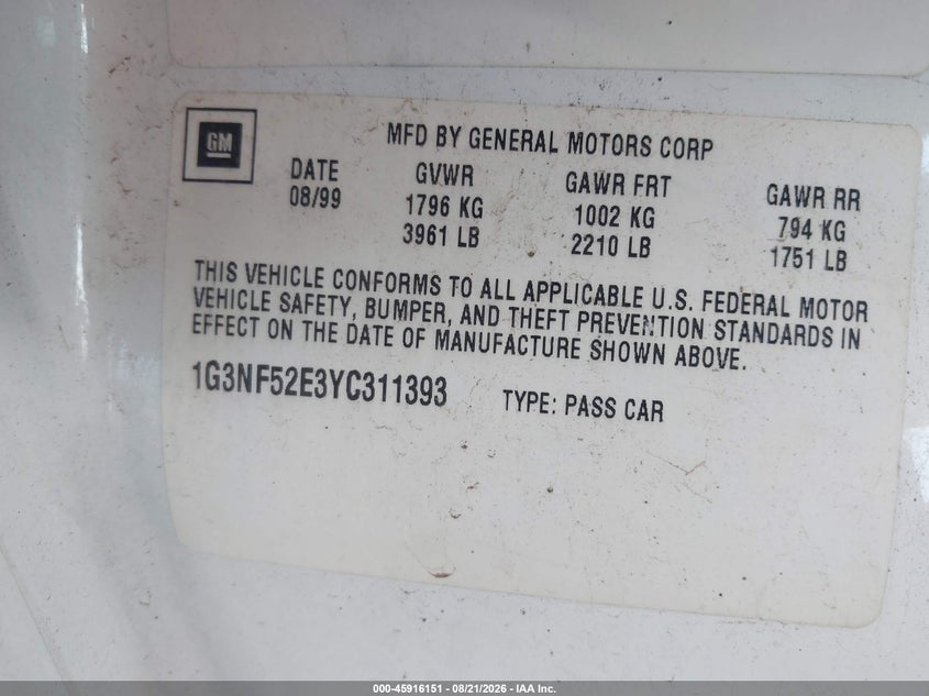 OLDSMOBILE ALERO 2000 VIN 1G3NF52E3YC311393