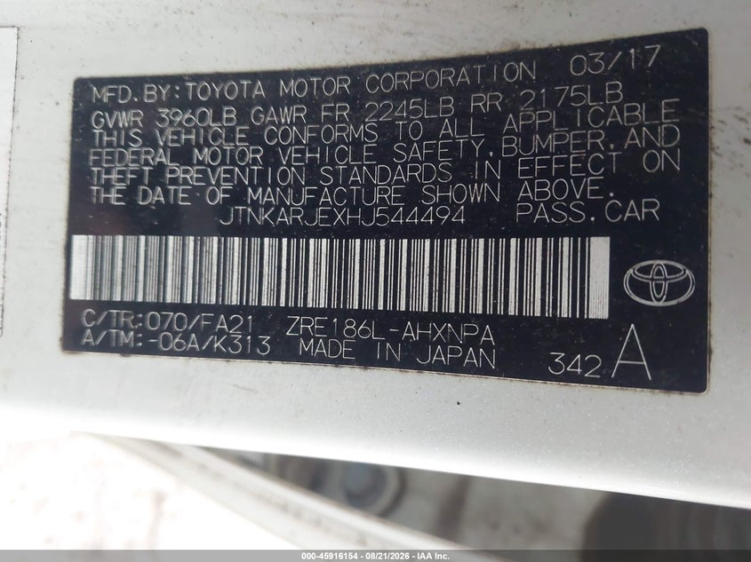 TOYOTA COROLLA IM 2017 VIN JTNKARJEXHJ544494