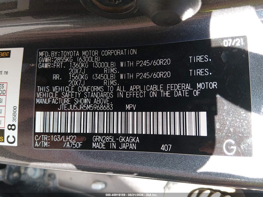TOYOTA 4RUNNER 2021 VIN JTEJU5JR5M5968683