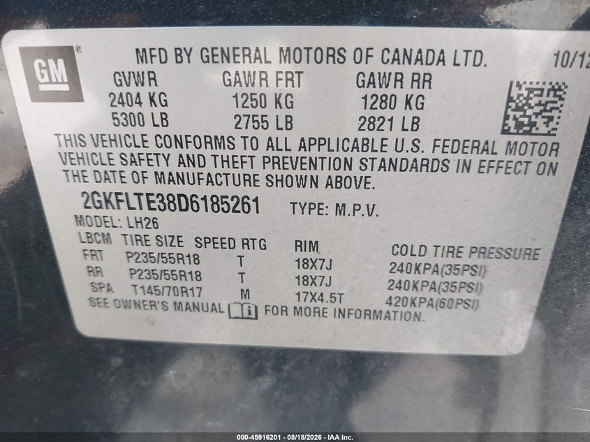2013 GMC TERRAIN SPORT UTILITY VEHICLE 3.6L V-6 DI, DOHC, VVT, 301HP