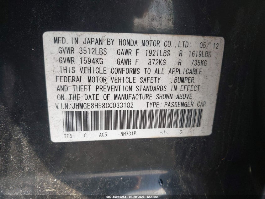 HONDA FIT 2012 VIN JHMGE8H58CC033182