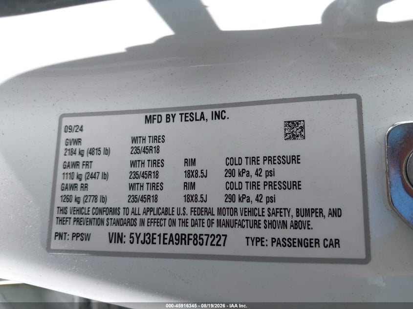 TESLA MODEL 3 2024 VIN 5YJ3E1EA9RF857227