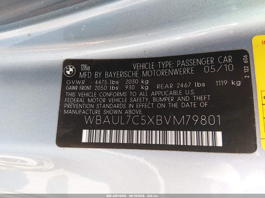 BMW 128I 2011 VIN WBAUL7C5XBVM79801