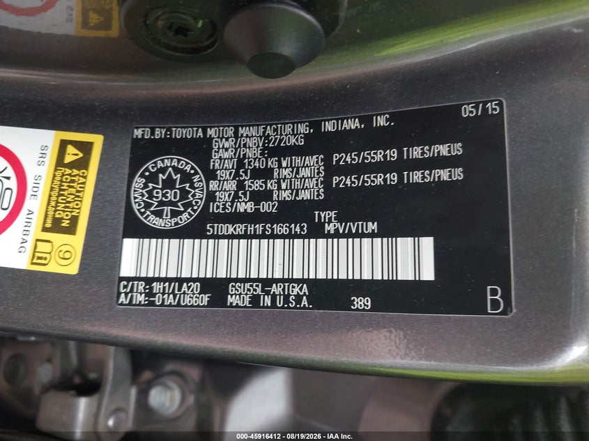 2015 TOYOTA HIGHLANDER SPORT UTILITY VEHICLE 3.5L V-6 DOHC, VVT, 270HP