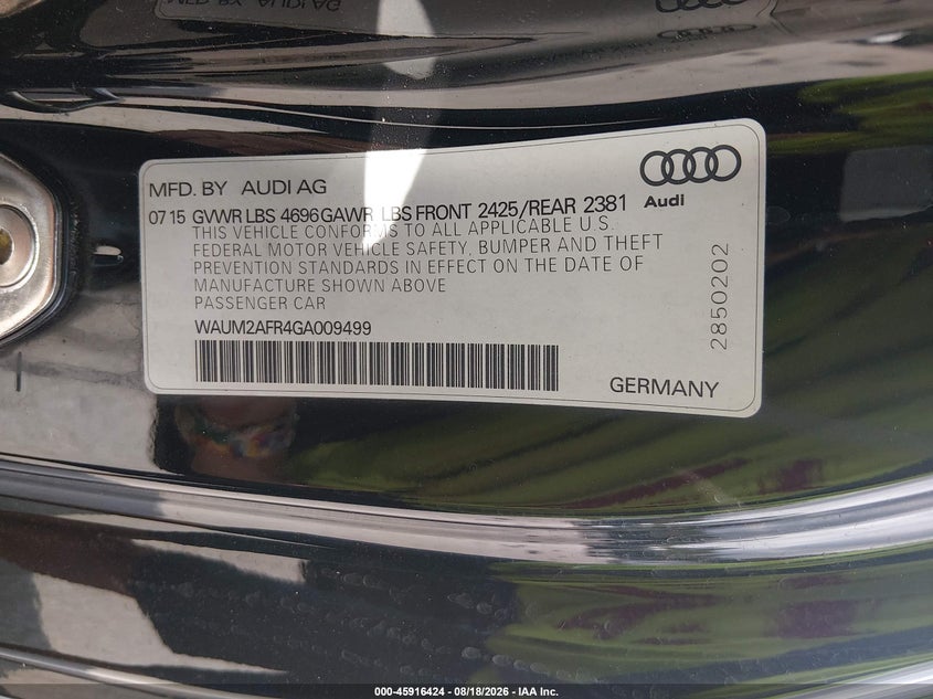AUDI A5 2016 VIN WAUM2AFR4GA009499