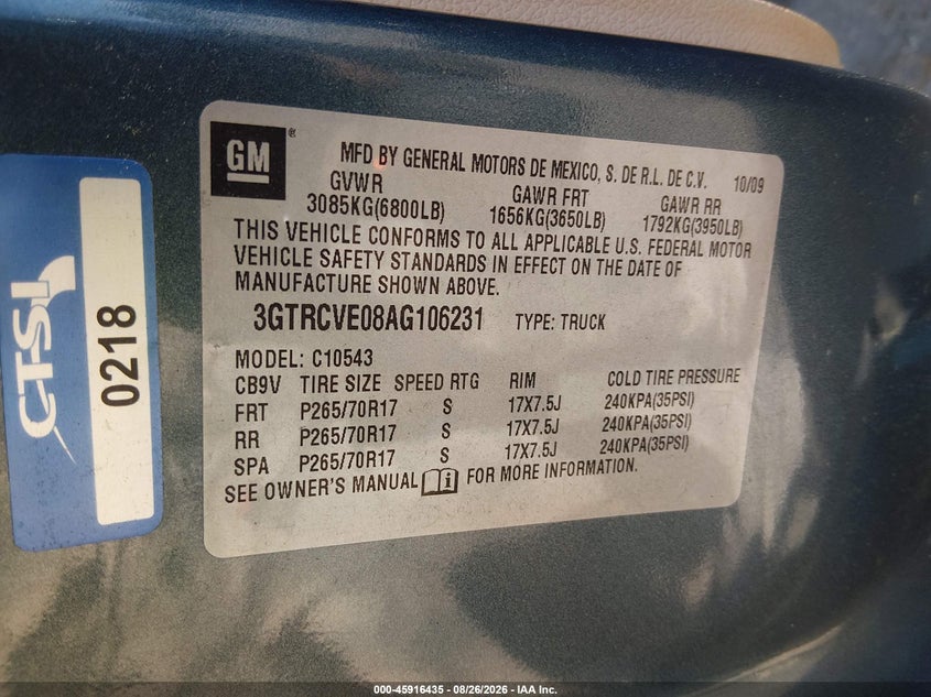 GMC SIERRA 1500 2010 VIN 3GTRCVE08AG106231
