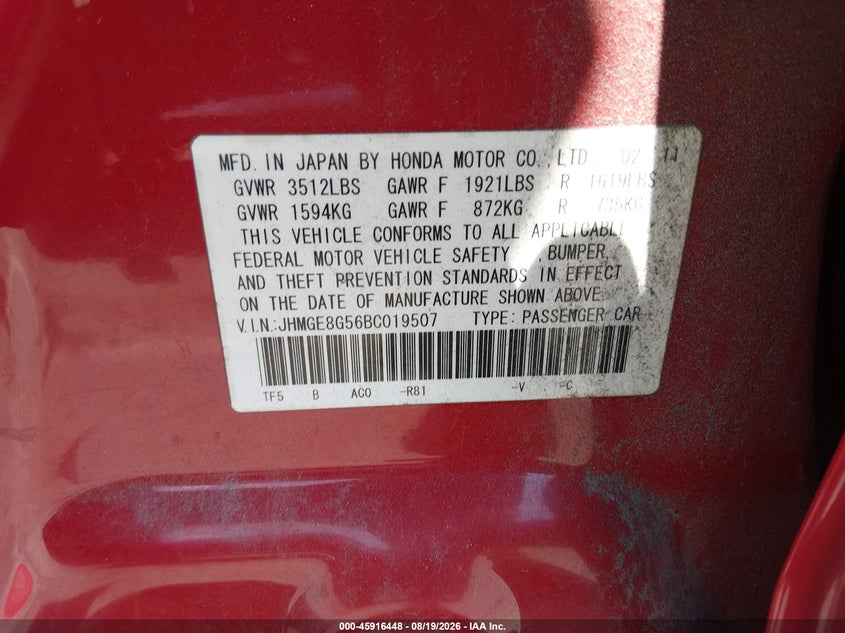 HONDA FIT 2011 VIN JHMGE8G56BC019507