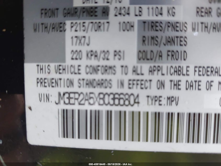 MAZDA CX-7 2011 VIN JM3ER2A5XB0366804