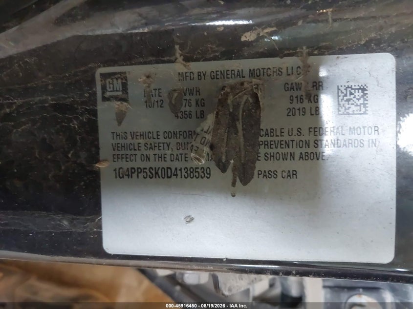 BUICK VERANO 2013 VIN 1G4PP5SK0D4138539