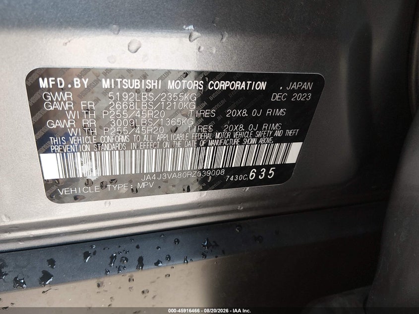 MITSUBISHI OUTLANDER 2024 VIN JA4J3VA80RZ039008