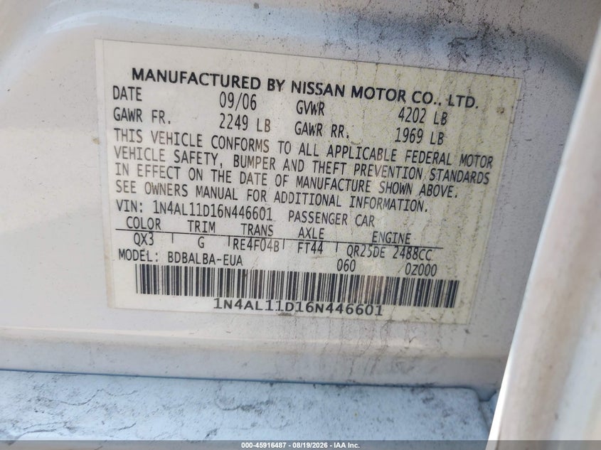 NISSAN ALTIMA 2006 VIN 1N4AL11D16N446601