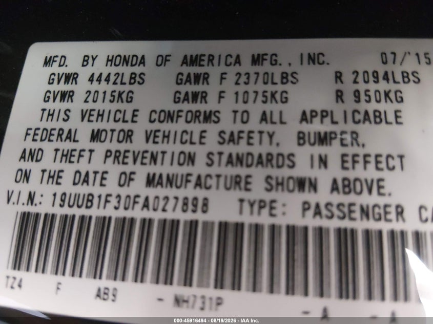 ACURA TLX 2015 VIN 19UUB1F30FA027898