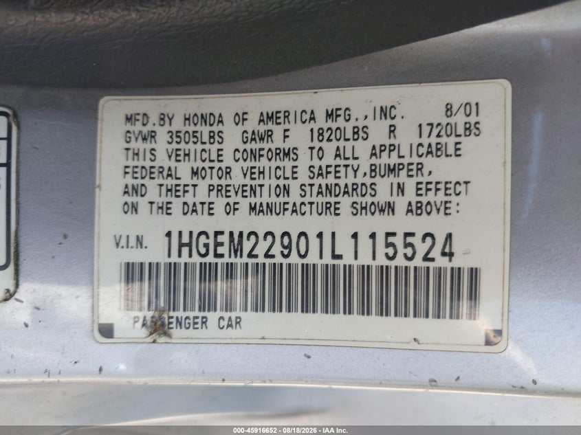 2001 HONDA CIVIC COUPE 1.7L I-4 VVT, 127HP