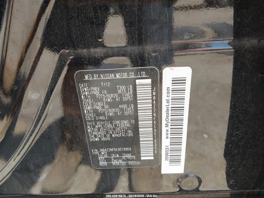 INFINITI QX56 2012 VIN JN8AZ2NF6C9518959