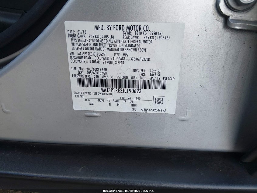 FORD ECOSPORT 2018 VIN MAJ3P1RE3JC190623