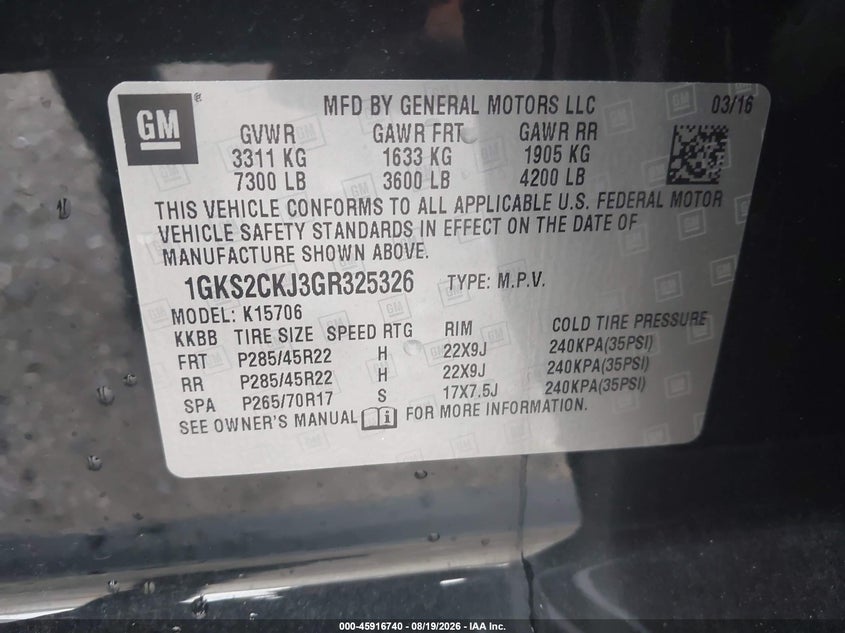 GMC YUKON 2016 VIN 1GKS2CKJ3GR325326