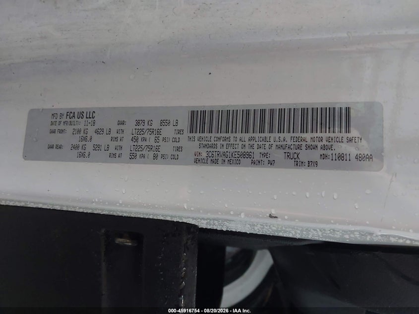 RAM PROMASTER 1500 2019 VIN 3C6TRVAG1KE508961