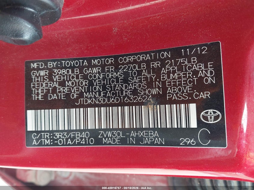 TOYOTA PRIUS 2013 VIN JTDKN3DU6D1632624