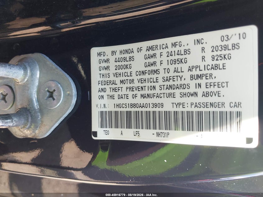 HONDA ACCORD 2010 VIN 1HGCS1B80AA013909