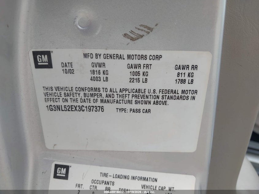 OLDSMOBILE ALERO 2003 VIN 1G3NL52EX3C197376