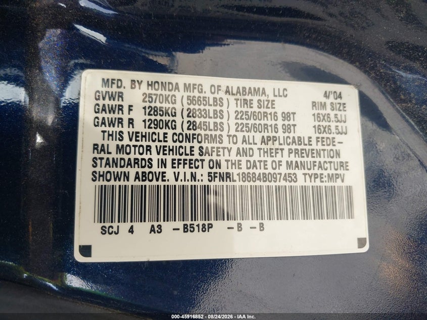 HONDA ODYSSEY 2004 VIN 5FNRL18684B097453