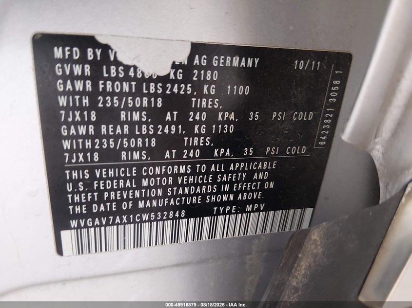 VOLKSWAGEN TIGUAN 2012 VIN WVGAV7AX1CW532848