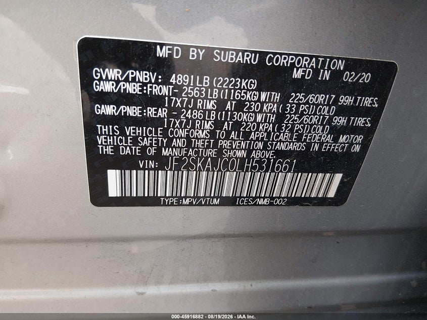 SUBARU FORESTER 2020 VIN JF2SKAJC0LH531661