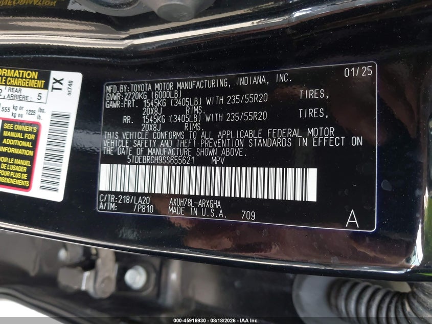 TOYOTA HIGHLANDER HYBRID 2025 VIN 5TDEBRCH9SS655621