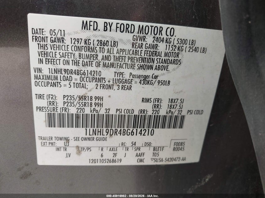 LINCOLN MKS 2011 VIN 1LNHL9DR4BG614210