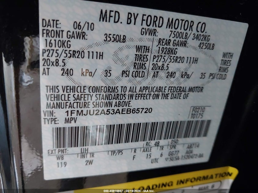 FORD EXPEDITION 2010 VIN 1FMJU2A53AEB65720