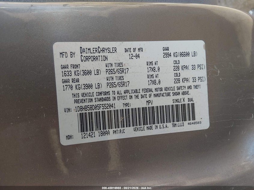 DODGE DURANGO 2005 VIN 1D8HB58D05F552041