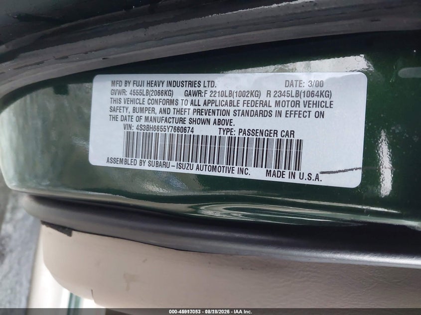 SUBARU OUTBACK 2000 VIN 4S3BH6655Y7660674