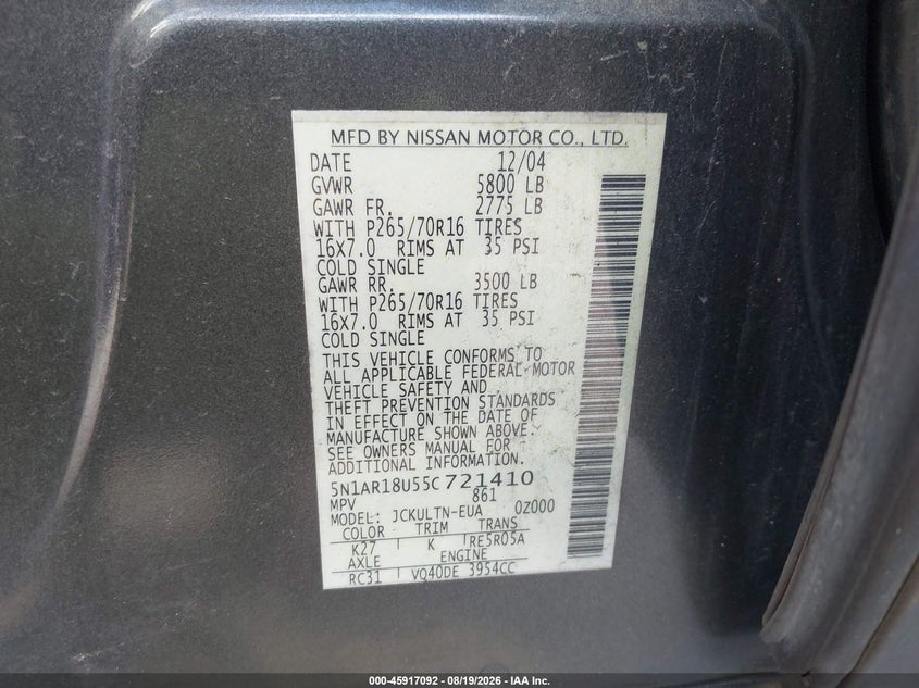 NISSAN PATHFINDER 2005 VIN 5N1AR18U55C721410