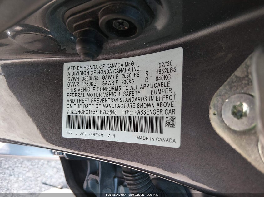 HONDA CIVIC SI 2020 VIN 2HGFC1E55LH703848
