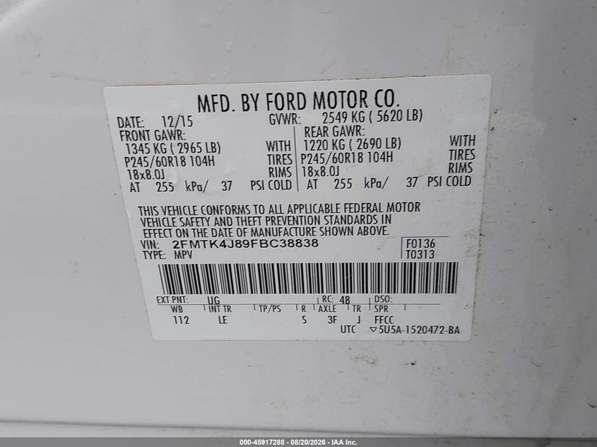 2015 FORD EDGE SPORT UTILITY VEHICLE 3.5L V6 FI DOHC 24V NF4