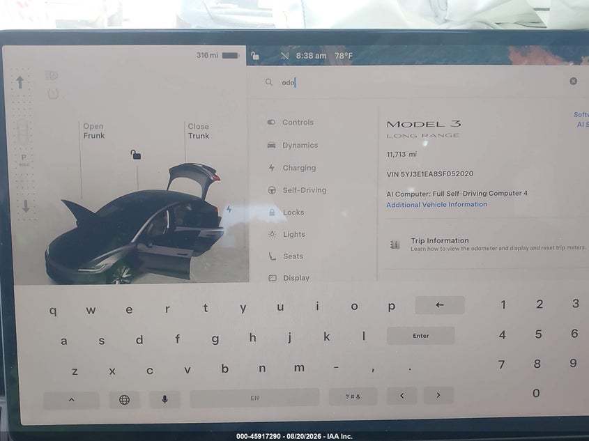 TESLA MODEL 3 2025 VIN 5YJ3E1EA8SF052020