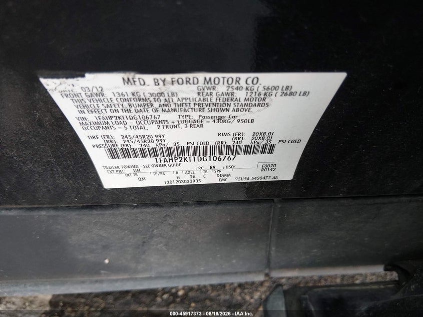 FORD TAURUS 2013 VIN 1FAHP2KT1DG106767