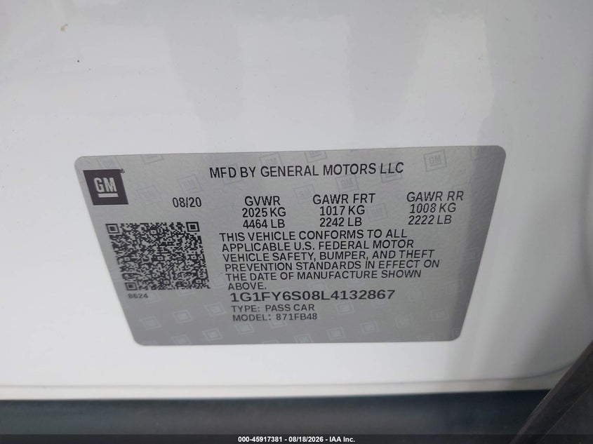 CHEVROLET BOLT EV 2020 VIN 1G1FY6S08L4132867