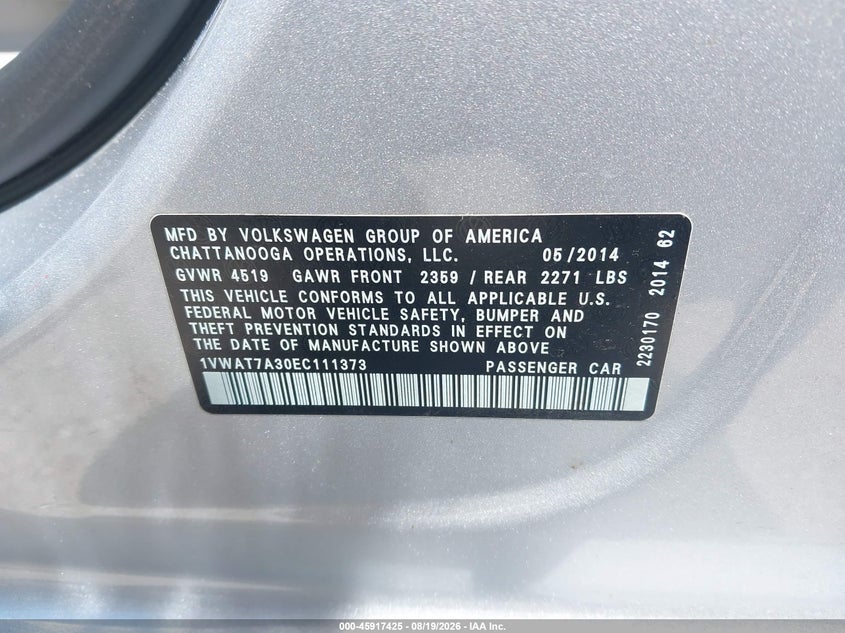 VOLKSWAGEN PASSAT 2014 VIN 1VWAT7A30EC111373