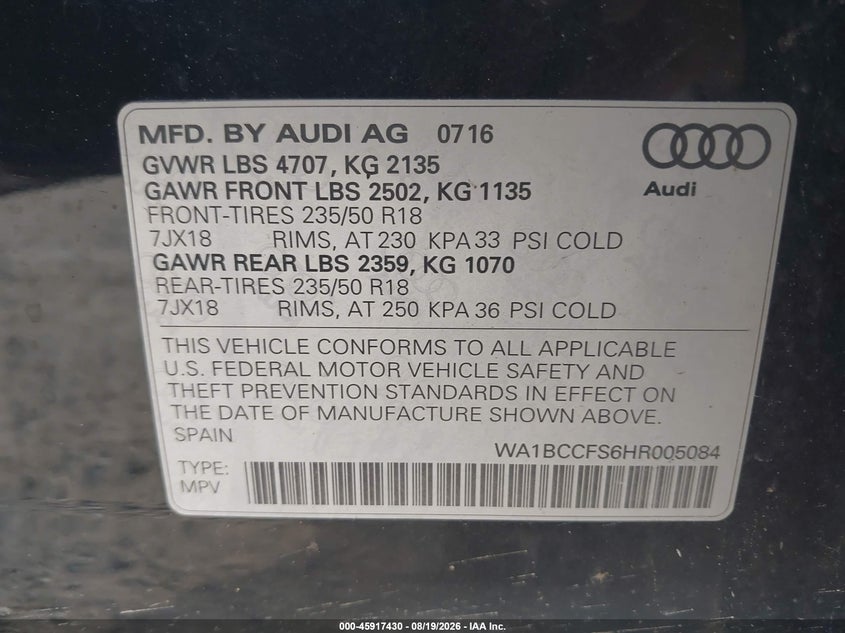 AUDI Q3 2017 VIN WA1BCCFS6HR005084