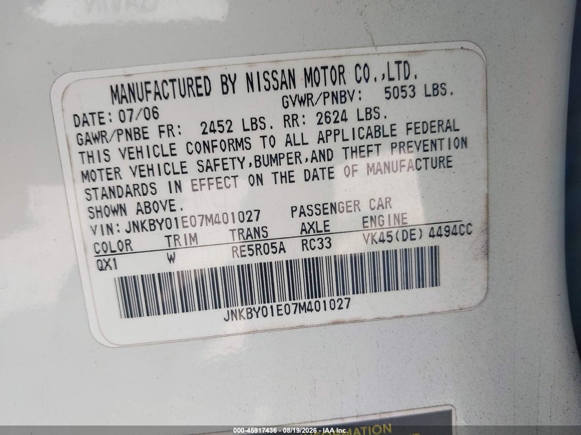 INFINITI M45 2007 VIN JNKBY01E07M401027