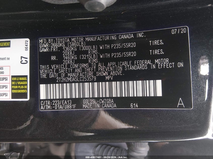 LEXUS RX 350 2020 VIN 2T2HZMDA5LC253579