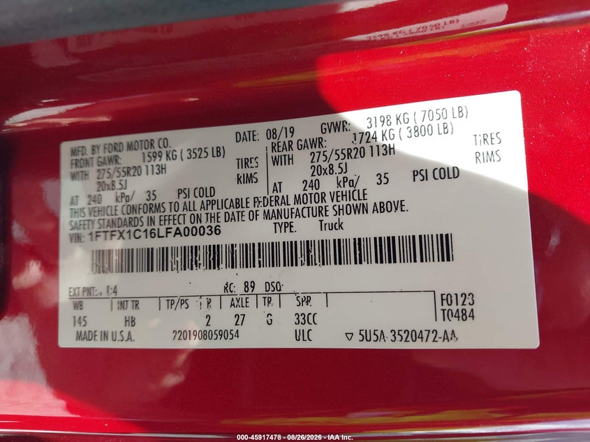FORD F-150 2020 VIN 1FTFX1C16LFA00036