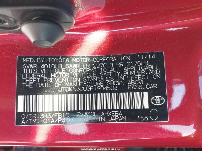 2015 TOYOTA PRIUS HATCHBACK 1.8L I-4 DOHC, VVT, 98HP