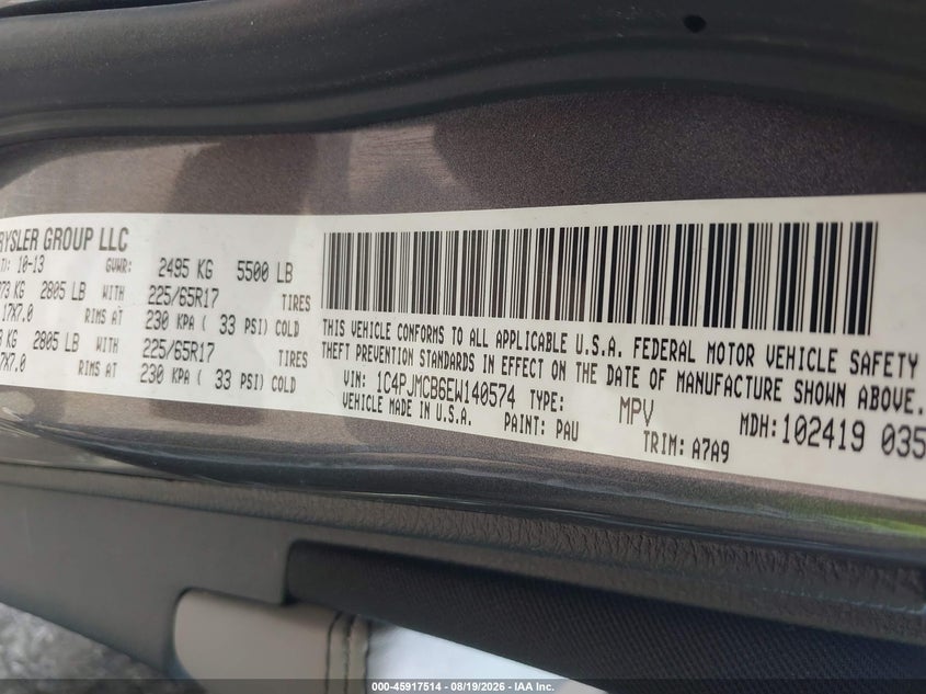 JEEP CHEROKEE 2014 VIN 1C4PJMCB6EW140574