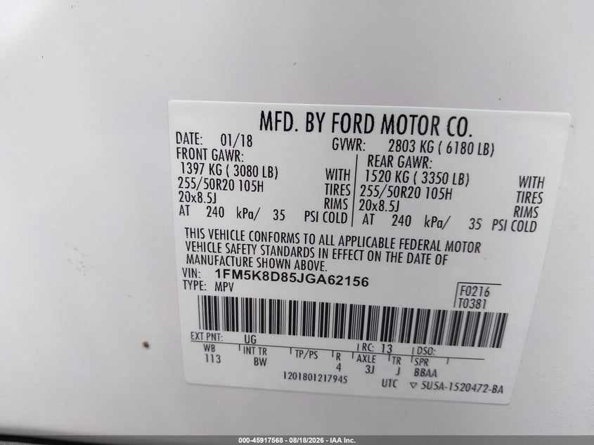 FORD EXPLORER 2018 VIN 1FM5K8D85JGA62156